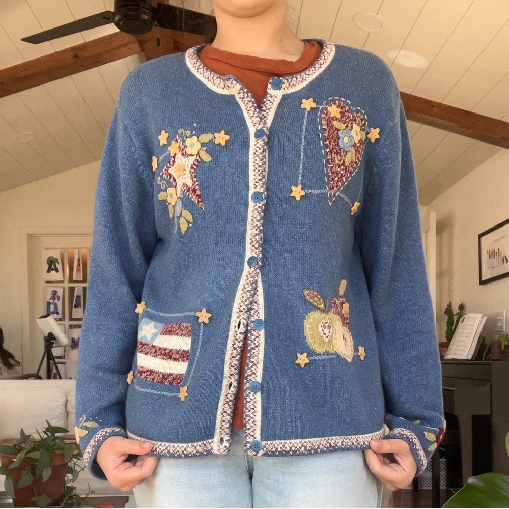Christopher & Banks Hand Embroidered Patriotic Cardigan Sweater Size L